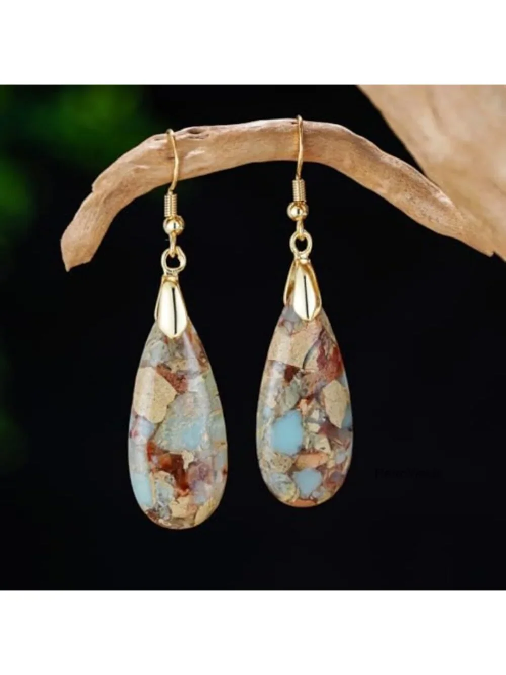 Natural Agalmatolite Teardrop Dangle Earrings Gold Plated Hypoallergenic
